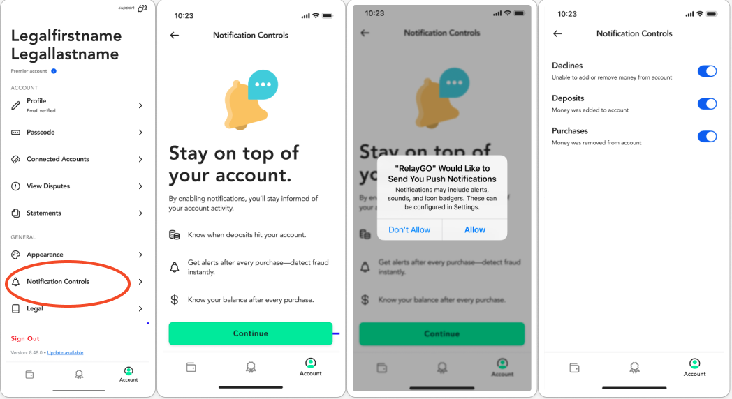 A series of three mobile app screenshots demonstrating how to update notification settings in the RelayGO Wallet. The first screen shows the 'Account' tab with 'Notification Controls' circled in red. The second screen shows the 'Stay on top of your account' onboarding page with a prompt to allow push notifications. The third screen displays the 'Notification Controls' menu with toggle switches for Declines, Deposits, and Purchases