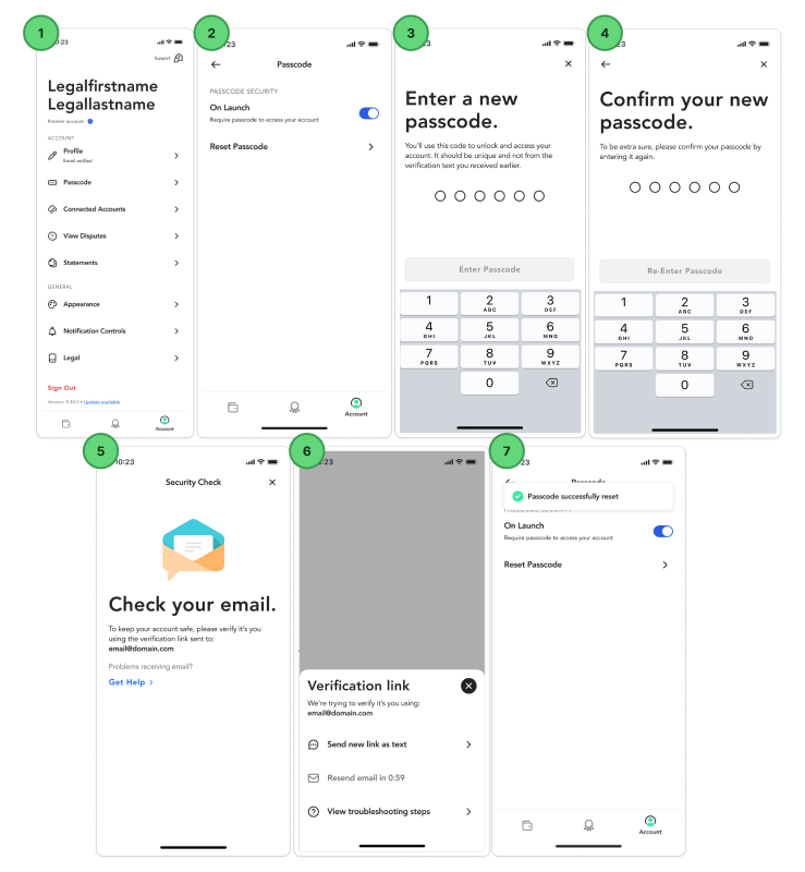 A 7-step visual guide for resetting a RelayGO passcode while logged into the app. The sequence shows: 1. Selecting the 'Passcode' menu under Account settings; 2. Tapping 'Reset Passcode'; 3. Entering a new 6-digit passcode; 4. Confirming the new passcode; 5. The 'Check your email' notification; 6. The email verification link screen; and 7. A final confirmation screen with a green banner stating 'Passcode successfully reset'