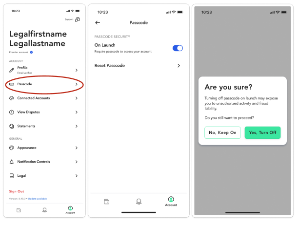 A three-step visual guide for adjusting the 'On Launch' passcode security setting in the RelayGO app. The sequence shows: 1. The Account menu with 'Passcode' circled in red; 2. The Passcode security screen with a blue toggle switch enabled for 'On Launch'; and 3. An 'Are you sure?' confirmation pop-up that appears when turning the setting off, highlighting the security risks.