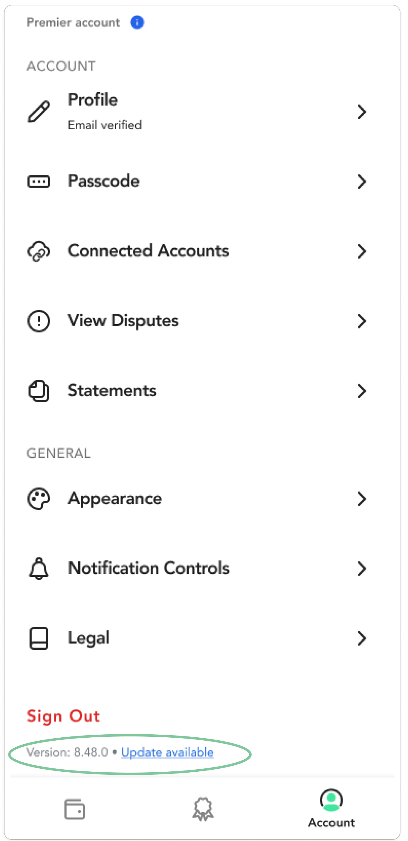 A screenshot of the RelayGO app's Account settings screen. At the bottom of the menu, below the 'Sign Out' button, the current app version is displayed in small text, highlighted by a blue oval to show users where to find it.