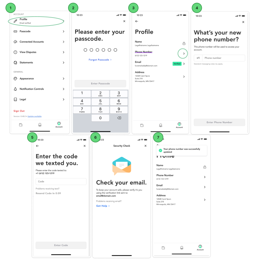 A series of seven numbered mobile app screenshots demonstrating how to update a phone number while logged into the RelayGO app. The steps show navigating to the Account tab and Profile, entering a passcode, tapping the existing phone number, entering a new number, providing an SMS verification code, and confirming the change via a link sent to the user's email.