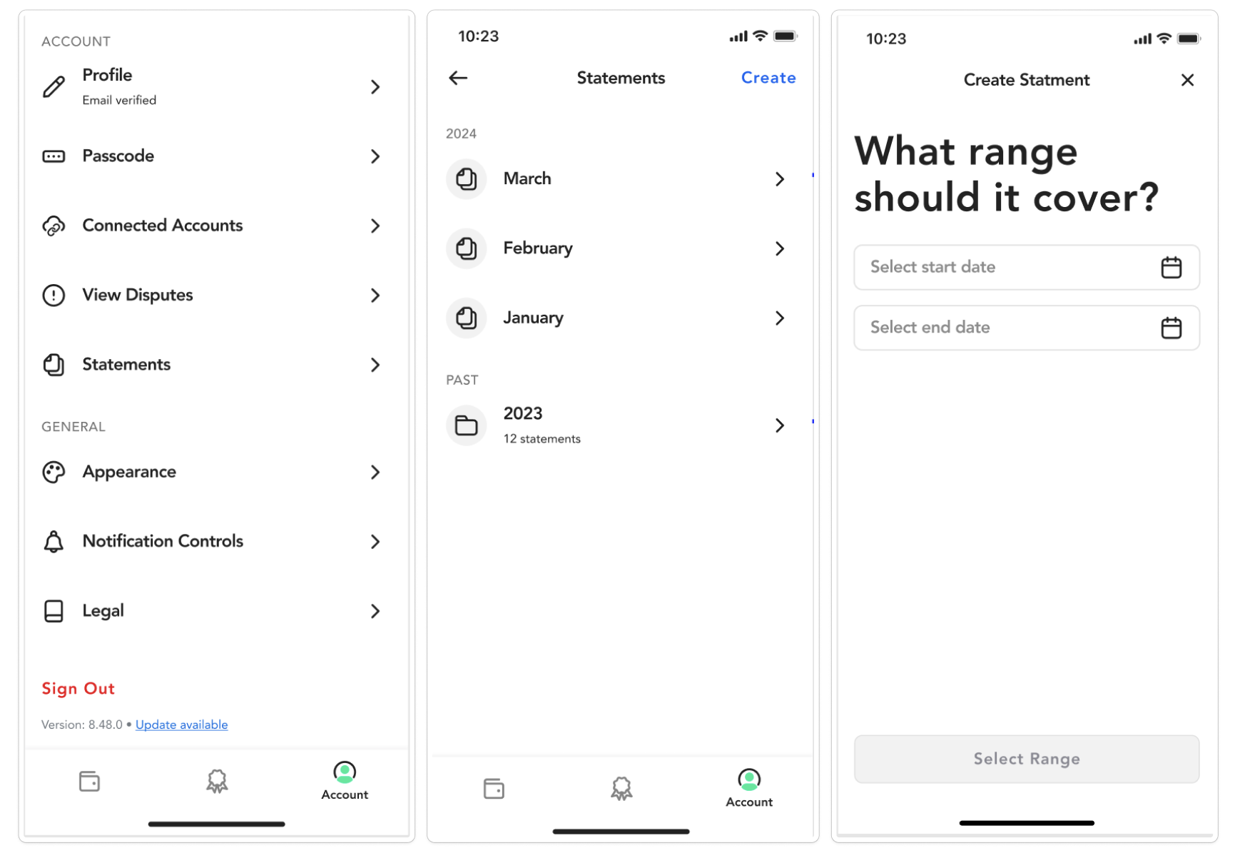 Three mobile app screenshots from RelayGO showing the process of accessing and creating account statements. The first screen shows the Account menu with "Statements" selected; the second displays a list of available monthly statements for 2024 and 2023 with a "Create" button in the top right; the third shows the "Create Statement" interface with fields to select a start and end date range.