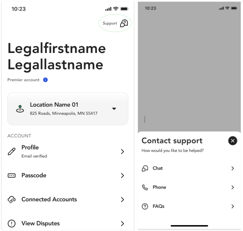 Screenshot of the RelayGO app "Account" tab showing user profile details and a "Contact Support" overlay with options for Chat, Phone, and FAQs.